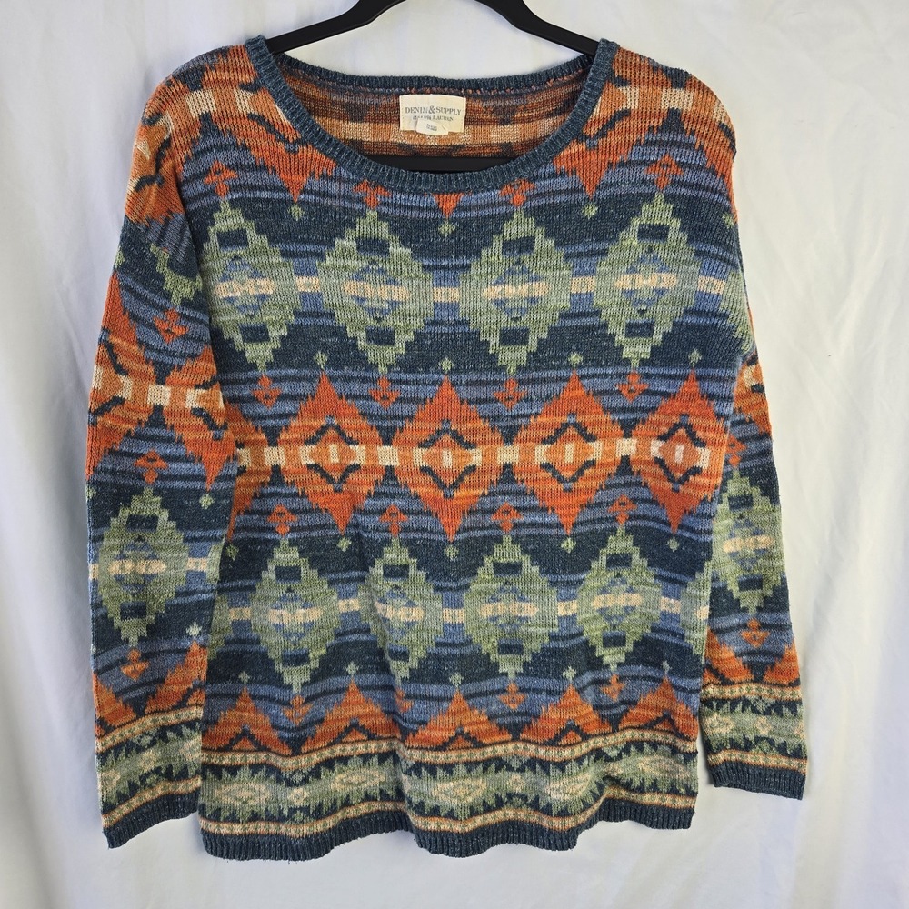 Denim & Supply Ralph Lauren Aztec Tribal Print‎ Multicolor Cotton Pullover Small
